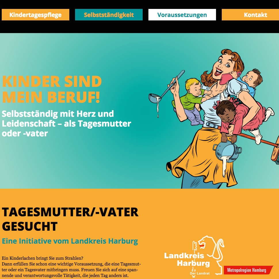 Die Website im One-Page-Design stellt den Nutzern wichtige Informationen rund um das Berufsfeld Tagesmutter zur Verfügung.