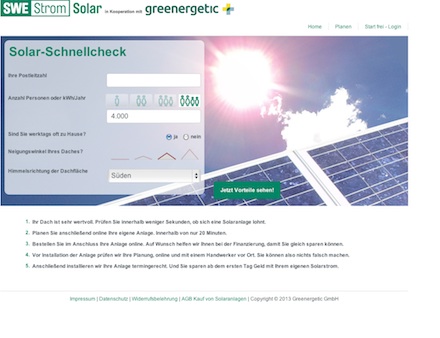 Mit wenigen Klicks lässt sich auf dem Solarportal des Unternehmens SWE Energie ermitteln, ob sich eine Solaranlage für den Eigenbetrieb lohnt.