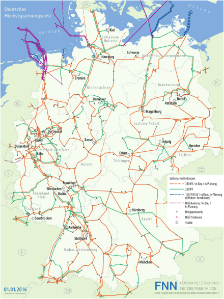 Die Karte des Höchstspannungsnetzes umfasst die 380- und 220-Kilovolt-Höchstspannungsleitungen der vier Übertragungsnetzbetreiber.