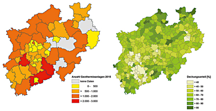 Anzahl der Geothermieanlagen in Nordrhein-Westfalen (Stand: 2015) und ihr Deckungsanteil am Wärmebedarf. 