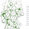 Übersichtskarte über alle Eisenbahnstrecken des Bundes (schwarz) und die kartierungspflichtigen Bereiche (grün) mit Zahlen zur Lärmkartierung.