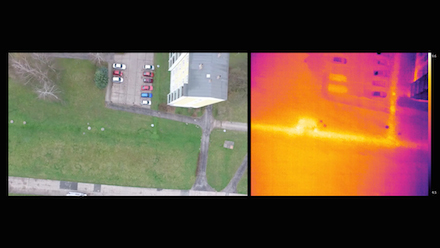 Thermografieaufnahmen von erdverlegten Fernwärmetrassen mittels Drohnen. 