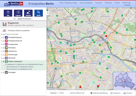 Berlin: Mit wenigen Klicks lassen sich im Online-Energieatlas unter anderem die Elektroladesäulen (grüne Punkte) anzeigen.