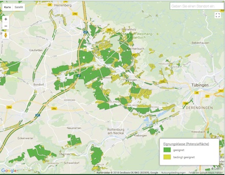 Die Karte zeigt die Freiflächen in Baden-Württemberg, die theoretisch für die Photovoltaiknutzung geeignet sind.