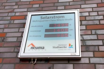 Einer Anzeigentafel können die Bewohner der Clara-Wieck-Straße 4 in Marl entnehmen, wie hoch die aktuell erzeugte Leistung der Photovoltaikanlage ist.