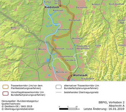 Der erste Trassenkorridor von Ultranet verläuft von Riedstadt in Hessen nach Mannheim-Wallstadt.