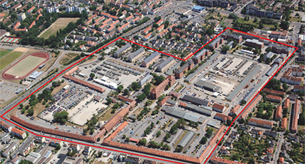 Luftbild der ehemaligen Lagarde-Kaserne in Bamberg (roter Rahmen).