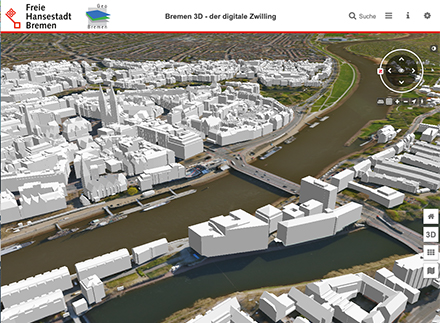 Über das 3D-Modell können Bürger die Stadt Bremen digital überfliegen oder durchstreifen. 