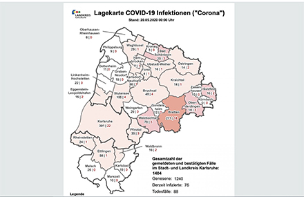 Eine Karte informiert Bürger aktuell über die Corona-Situation im Kreis Karlsruhe. 