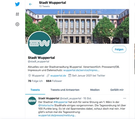 Wuppertal hat einen gesamtstädtischen Tiitter-Kanal gestartet.