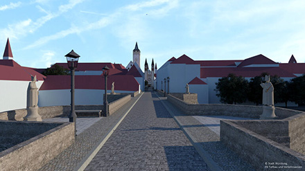 Das virtuelle Würzburg von der alten Mainbrücke gesehen. Nach ersten Erfahrungen mit einem digitalen Abbild soll nun die ganze Stadt einen digitalen Zwilling erhalten.
