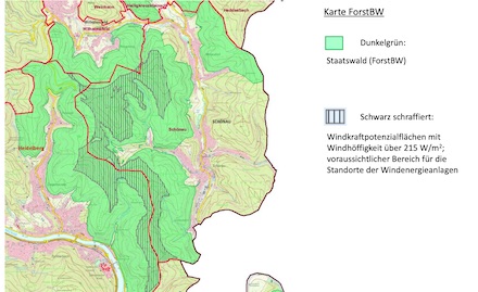 Grafik von der vorgesehenen Potenzialfläche zwischen Ziegelhausen und Schönau für die Errichtung von Windkraftanlagen.