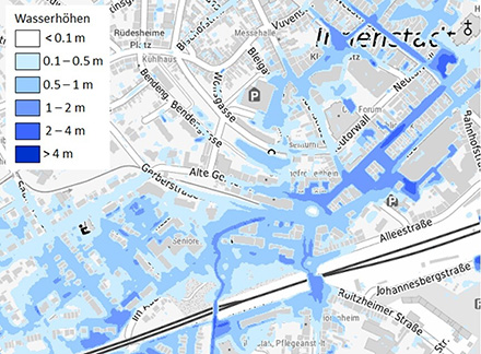 Die vom BKG für ganz Deutschland geplante Hinweiskarte zu Starkregengefahren zeigt realistische Simulationen möglicher Überflutungen – hier ein Ausschnitt aus NRW. 