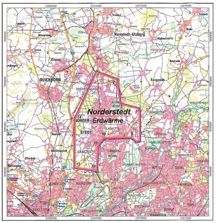 Das rot eingegrenzte Erlaubnisfeld Norderstedt befindet sich in den Landkreisen Pinneberg und Segeberg.