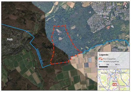 Plangebiet für den potenziellen Standort eines oder mehrerer Windräder in Bonn. Der Abstand zur nächstgelegenen Wohnbebauung beträgt voraussichtlich rund 800 Meter.