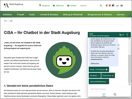 Für die Internet-Kommunikation mit ihren Bürgerinnen und Bürgern setzt die Stadt Augsburg künftig auch auf einen Chatbot. 