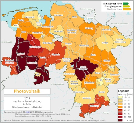 Regionale Verteilung des PV-Zubaus in Niedersachsen.